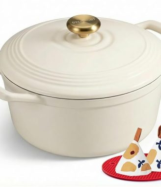 Overmont Enameled Cast Iron Dutch Oven - 5.5QT Pot with Lid Cookbook & Cotton Potholders - Heavy-Duty Cookware for Braising, Stews, Roasting, Sourdough Baking White