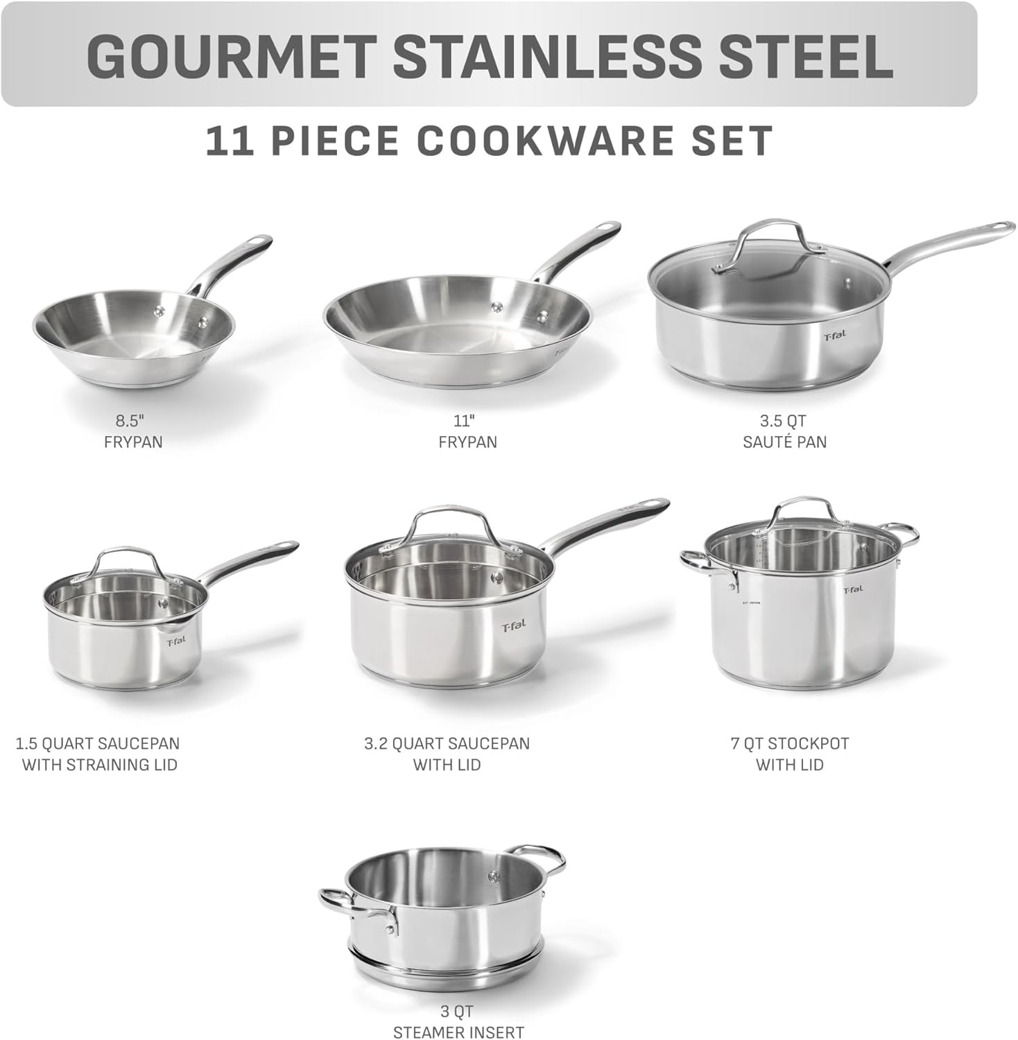 T-fal Stainless Steel Pots and Pans Set 11 Piece, Induction, Oven Broiler Safe 500F, Kitchen Cooking Set w/Fry Pans, Saucepans, Saute Pan, Dutch Oven, Steamer, Cookware, Dishwasher Safe, Silver - Image 4