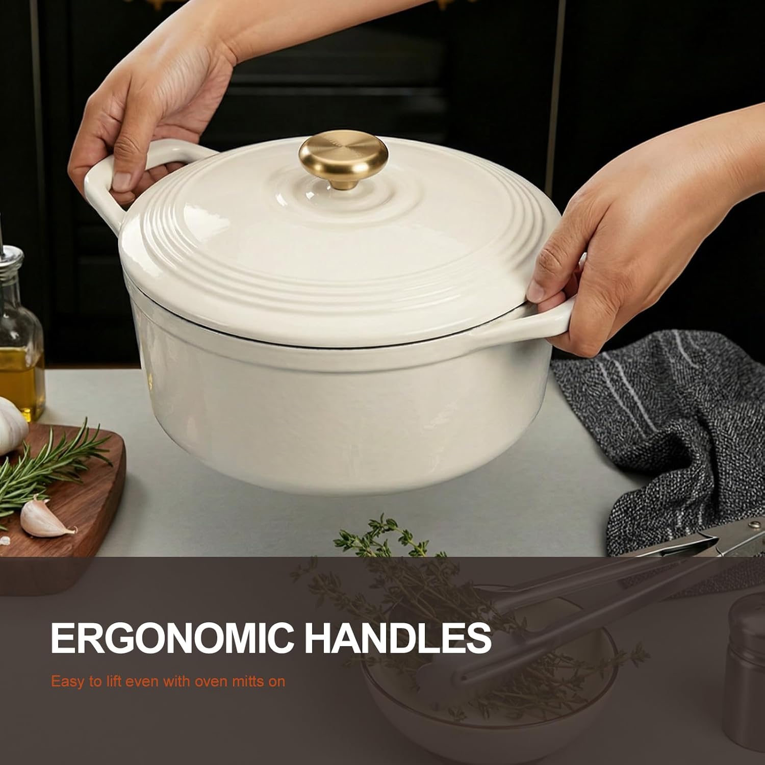 Overmont Enameled Cast Iron Dutch Oven - 5.5QT Pot with Lid Cookbook & Cotton Potholders - Heavy-Duty Cookware for Braising, Stews, Roasting, Sourdough Baking White - Image 3