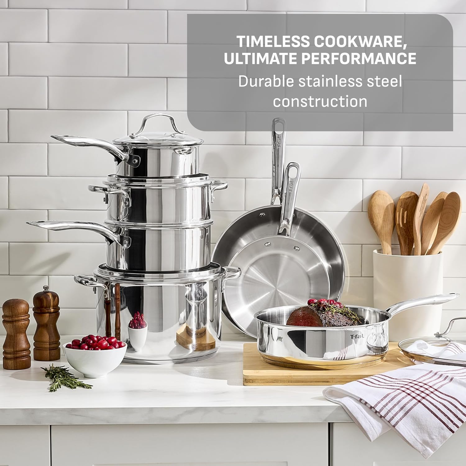 T-fal Stainless Steel Pots and Pans Set 11 Piece, Induction, Oven Broiler Safe 500F, Kitchen Cooking Set w/Fry Pans, Saucepans, Saute Pan, Dutch Oven, Steamer, Cookware, Dishwasher Safe, Silver - Image 3